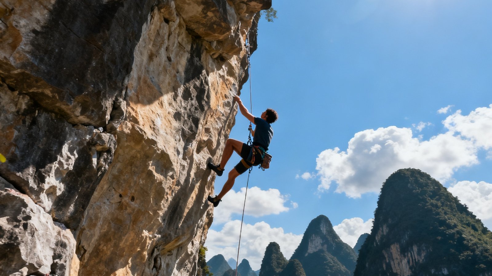 阳朔攀岩场上攀岩者正在挑战高难度岩壁路线，背景是喀斯特地貌的奇特山峰和蓝天白云