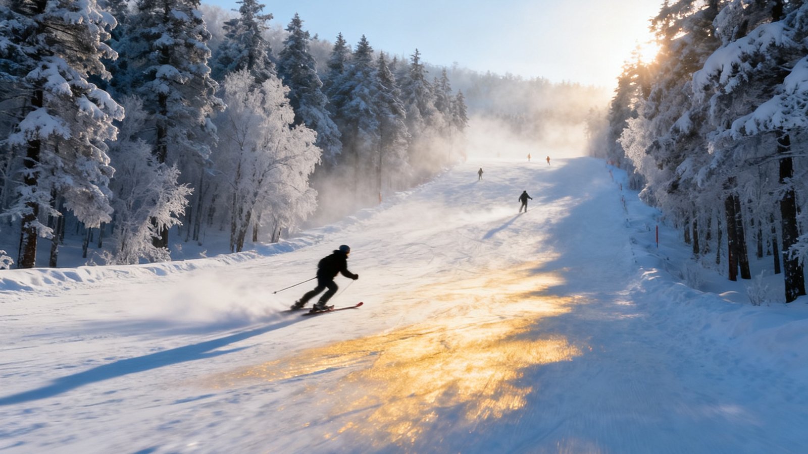 长白山滑雪场全景，宽阔的雪道上滑雪者飞驰而下，两侧是挂满雾凇的松林，阳光洒在雪面上